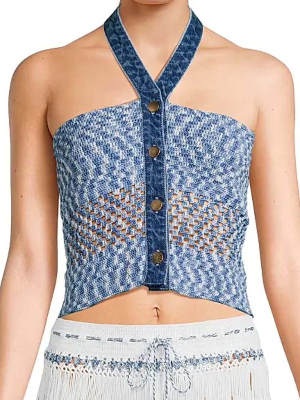 NWT My Beachy Side Muse Hand Crochet Halter Crop Top Blue Denim M $299